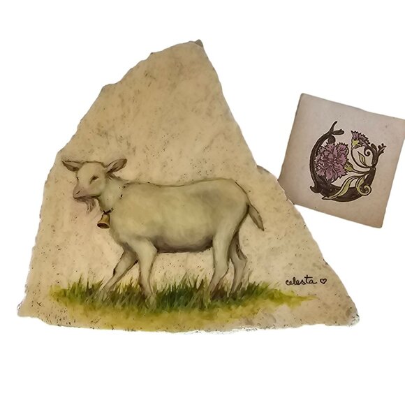 Original Oil Painting On Marble By Celesta Billy Goat With Bell Sheep